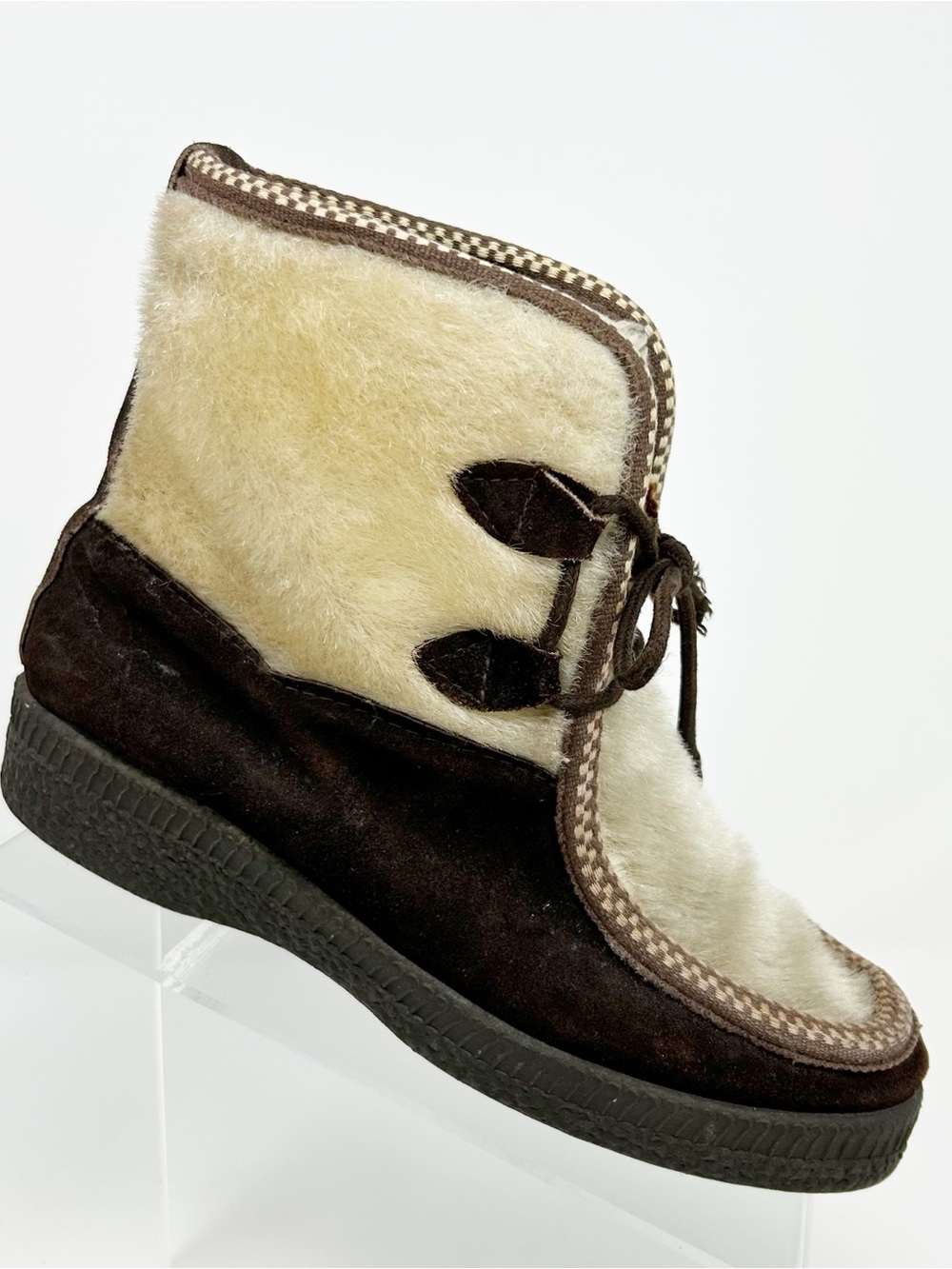 Snowland Vintage Apres Ski Snow Boots Womens Brown Cream Lace-Up Ankle Size 36